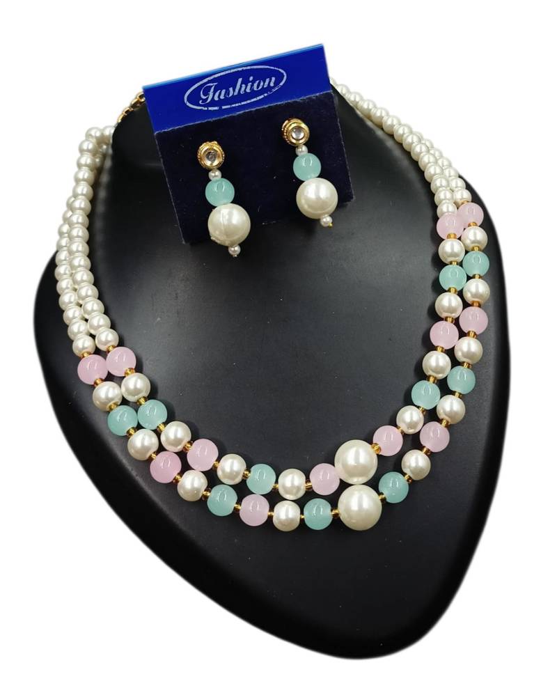 Pink & pista color necklace set with earrings, moti & agate stone, gold plated