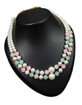 Pink & pista color necklace set with earrings, moti & agate stone, gold plated 2