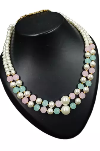 Pink & pista color necklace set with earrings, moti & agate stone, gold plated