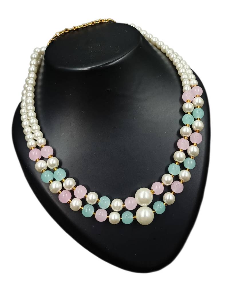 Pink & pista color necklace set with earrings, moti & agate stone, gold plated