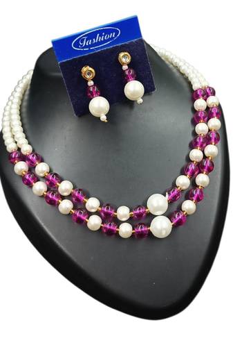 Purple color necklace set with earrings, moti & agate stone, gold plated