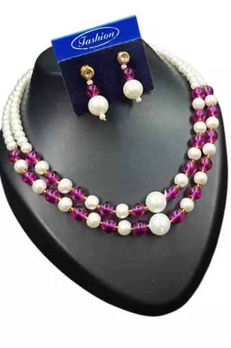 Purple color necklace set with earrings, moti & agate stone, gold plated
