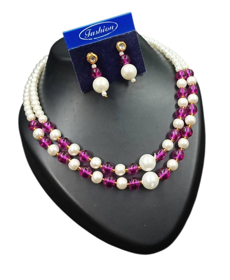 Purple color necklace set with earrings, moti & agate stone, gold plated