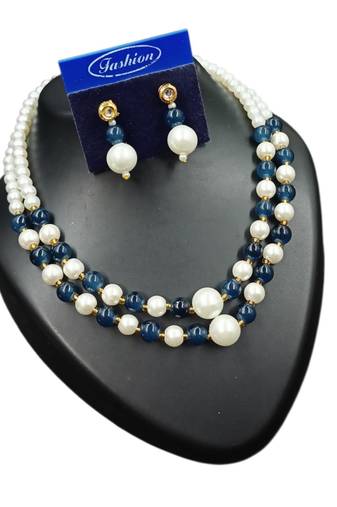 Blue color necklace set with earrings, moti & agate stone, gold plated