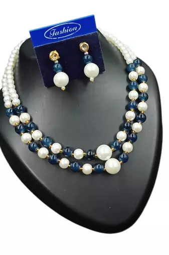 Blue color necklace set with earrings, moti & agate stone, gold plated