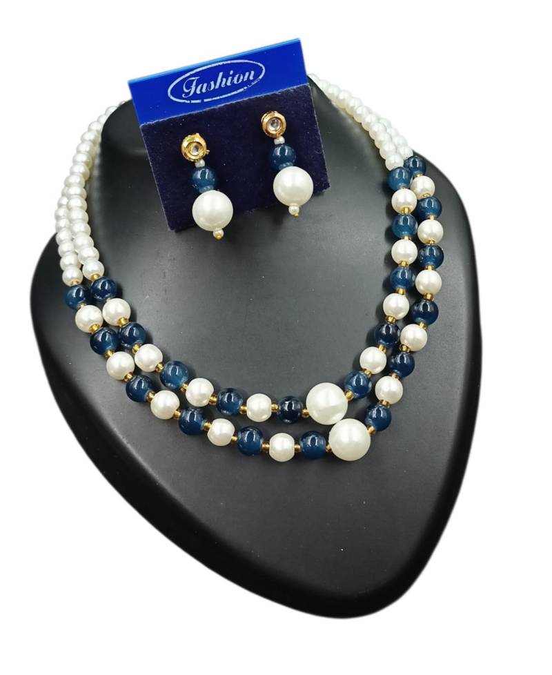 Blue color necklace set with earrings, moti & agate stone, gold plated