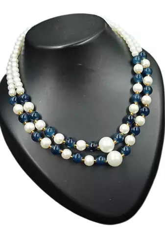 Blue color necklace set with earrings, moti & agate stone, gold plated