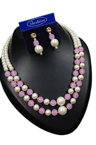 Lavender color necklace set with earrings, moti & agate stone, gold plated