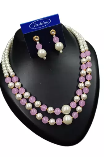 Lavender color necklace set with earrings, moti & agate stone, gold plated