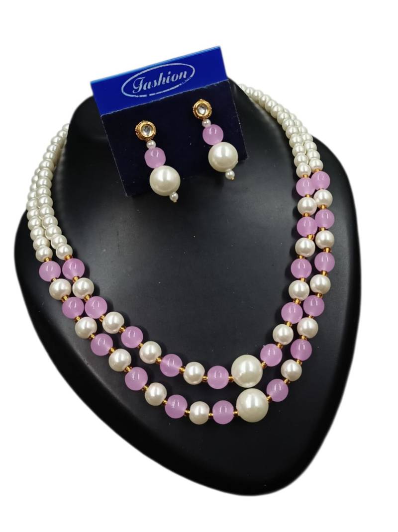 Lavender color necklace set with earrings, moti & agate stone, gold plated