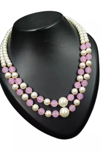 Lavender color necklace set with earrings, moti & agate stone, gold plated