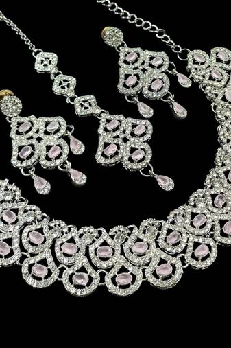 Baby pink agate stone necklace set with earrings & maang tikka, rhodium plated