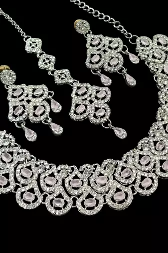 Baby pink agate stone necklace set with earrings & maang tikka, rhodium plated