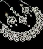 Baby pink agate stone necklace set with earrings & maang tikka, rhodium plated