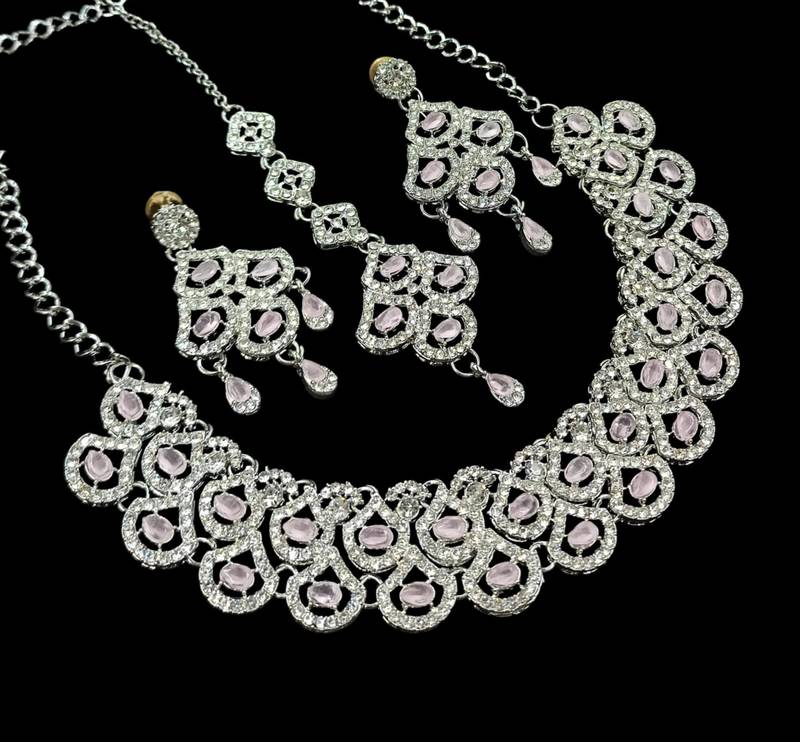 Baby pink agate stone necklace set with earrings & maang tikka, rhodium plated