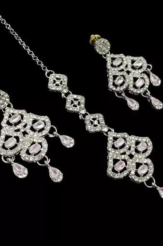 Baby pink agate stone necklace set with earrings & maang tikka, rhodium plated