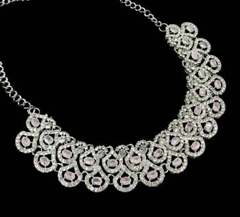 Baby pink agate stone necklace set with earrings & maang tikka, rhodium plated 3