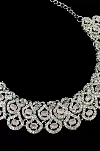 Baby pink agate stone necklace set with earrings & maang tikka, rhodium plated