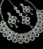 Green agate stone necklace set with earrings & maang tikka, rhodium plated