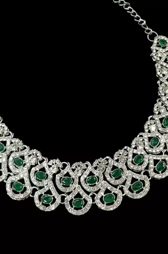 Green agate stone necklace set with earrings & maang tikka, rhodium plated