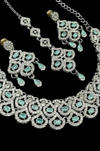 Pista agate stone necklace set with earrings & maang tikka, rhodium plated