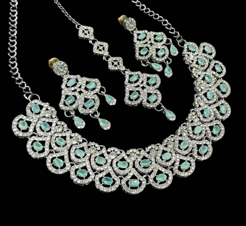 Pista agate stone necklace set with earrings & maang tikka, rhodium plated