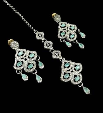 Pista agate stone necklace set with earrings & maang tikka, rhodium plated 2