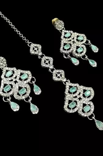 Pista agate stone necklace set with earrings & maang tikka, rhodium plated