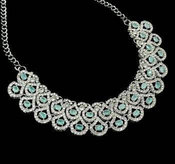 Pista agate stone necklace set with earrings & maang tikka, rhodium plated 3