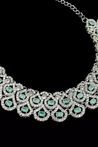 Pista agate stone necklace set with earrings & maang tikka, rhodium plated