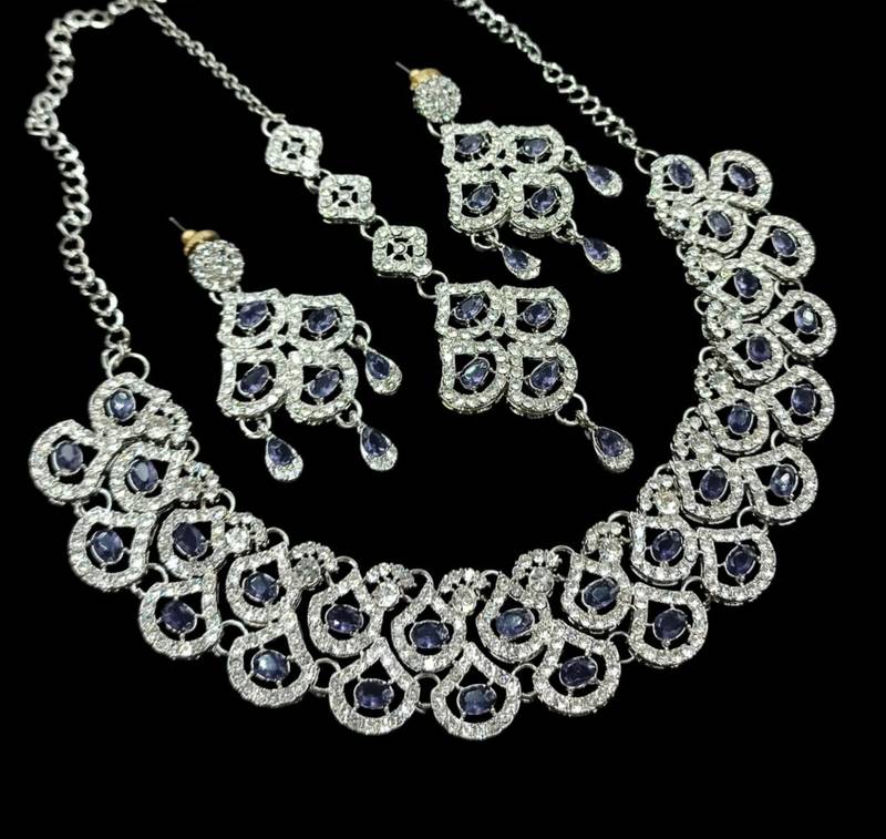 Purple agate stone necklace set with earrings & maang tikka, rhodium plated