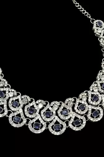 Purple agate stone necklace set with earrings & maang tikka, rhodium plated