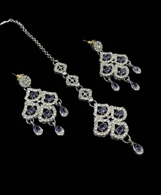 Purple agate stone necklace set with earrings & maang tikka, rhodium plated 3