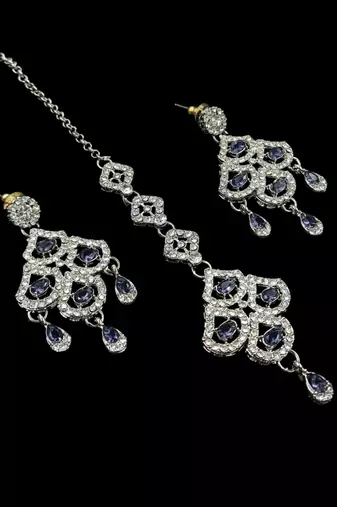 Purple agate stone necklace set with earrings & maang tikka, rhodium plated