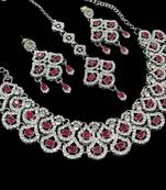 Maroon agate stone necklace set with earrings & maang tikka, rhodium plated