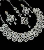 White agate stone necklace set with earrings & maang tikka, rhodium plated