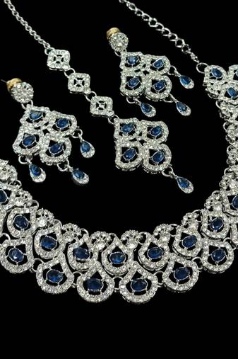 Blue agate stone necklace set with earrings & maang tikka, rhodium plated