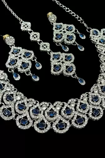 Blue agate stone necklace set with earrings & maang tikka, rhodium plated