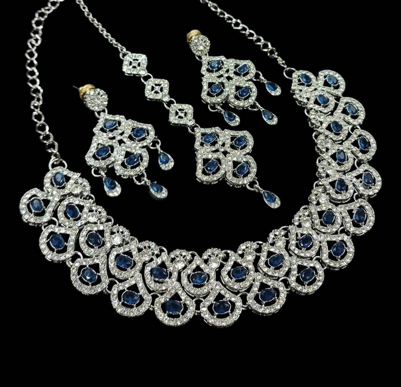 Blue agate stone necklace set with earrings & maang tikka, rhodium plated
