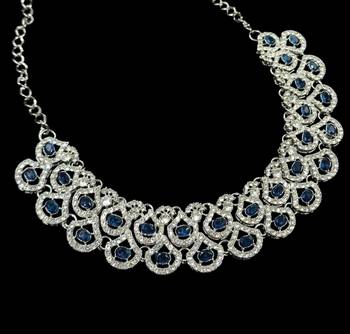 Blue agate stone necklace set with earrings & maang tikka, rhodium plated 2