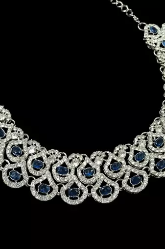 Blue agate stone necklace set with earrings & maang tikka, rhodium plated