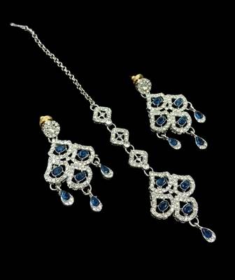 Blue agate stone necklace set with earrings & maang tikka, rhodium plated 3