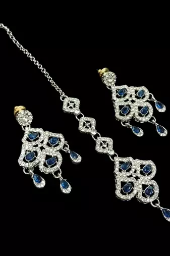 Blue agate stone necklace set with earrings & maang tikka, rhodium plated