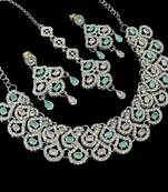 Pink & pista agate stone necklace set with earrings & maang tikka, rhodium plated