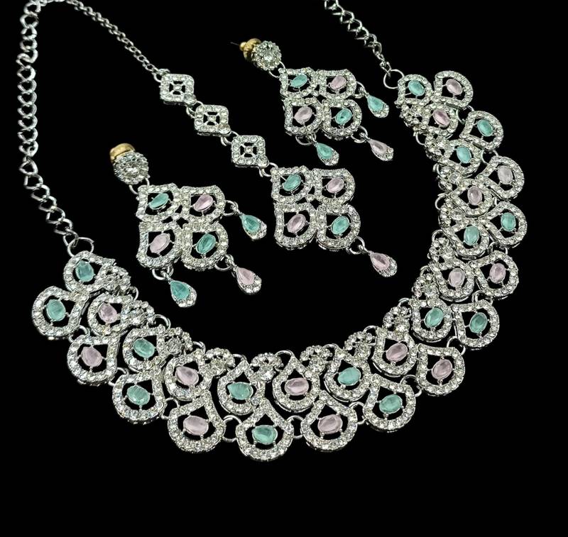 Pink & pista agate stone necklace set with earrings & maang tikka, rhodium plated