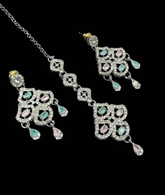 Pink & pista agate stone necklace set with earrings & maang tikka, rhodium plated 2