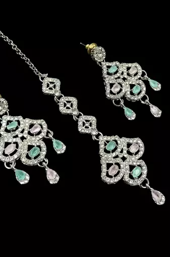 Pink & pista agate stone necklace set with earrings & maang tikka, rhodium plated