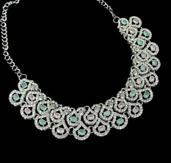 Pink & pista agate stone necklace set with earrings & maang tikka, rhodium plated 3