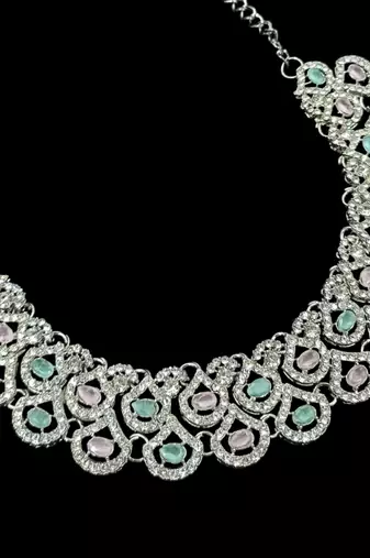 Pink & pista agate stone necklace set with earrings & maang tikka, rhodium plated