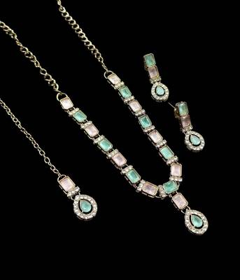 Pink & pista color necklace set with earrings and maang tikka     agate stone, antique gold plating 2